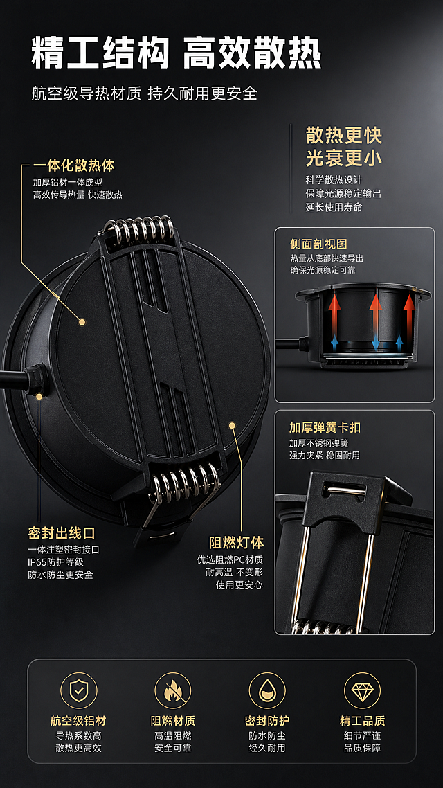 [商品] 使用【图3】黑色LED筒灯背面图和【图2】侧面图；保留背面散热筋结构、双弹簧卡扣、出线口、黑色磨砂材质、灯体圆筒造型；修复背景，增强材质纹理和结构立体感。
[画面] 目标：结构材质展示，证明散热与工艺品质。构图：左侧产品背面大特写占画面50%，展示散热结构；右侧上下分布侧面剖视图和弹簧卡扣特写；用引线标注各部件名称。阅读动线：从左主图到右侧细节。前景：背面产品主体；中景：侧面和细节图；后景：深色渐变背景。
[视觉] 套系策略：风格=现代简约工业风商业摄影；标题字=粗黑体无衬线；正文字=常规黑体无衬线；主色=深炭黑；背景延展=深炭黑到中灰渐变，左侧产品区稍亮；强调色=暖金色（仅用于小面积图标、引线、标签和光效点缀）；标题色=白色；正文色=浅灰色；组件=引线标注、部件名称标签、材质说明卡；光影=产品顶部45度侧光，突出背面散热筋纹理和立体感。
[文字] 顶部主标题"精工结构 高效散热"，副标题"航空级导热材质 持久耐用更安全"；引线标注："一体化散热体""加厚弹簧卡扣""阻燃灯体""密封出线口"；右侧配"散热更快 光衰更小"说明文字；文字分布在产品周围，不遮挡关键结构。
[规格] 图片比例9:16竖版，4K，避免变形、错字、文字过小、冷蓝色调、产品结构失真、材质质感差。