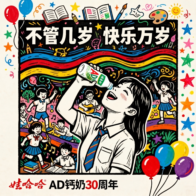 参考参考图的彩色波浪线分割布局和构图，娃哈哈AD钙奶30周年主题插画，标语"不管几岁 快乐万岁"，版画风格，创意涂鸦图案设计，童趣梦幻风格，色彩对比鲜明，有快乐的氛围感。主体是一位高中生开心仰着头喝A预览效果
