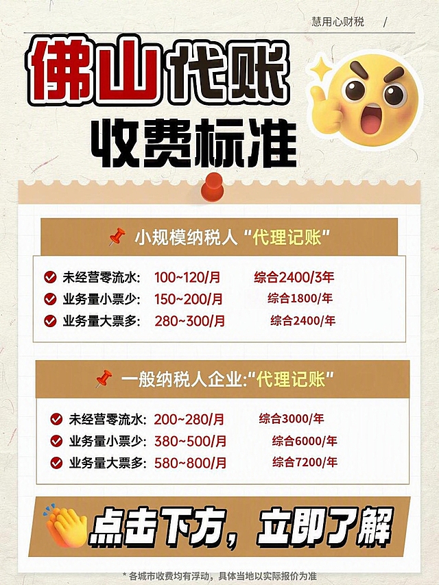 将图片标题中的"广州"改为"佛山"，即标题变为"佛山代账收费标准"，保持"佛山"二字的红色粗体黑边字体风格与原"广州"完全一致，大小、位置、排版都不变。其余所有内容（表格、价格、文字、装饰元素、底部按钮等）全部保持原样不变。
