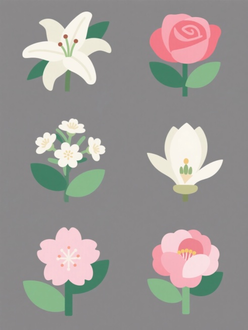 6个规整排布的素材，每张素材均为规整排布的单一花朵造型图案，花朵包含百合、桂花、玫瑰花、白玉兰、樱花、芍药基本元素内容，整体造型简约现代，采用纯色背景，每个花朵图案均为扁平插画风格，线条清晰流畅，色彩鲜明且填充均匀，花瓣和花蕊细节简约概括，叶片呈绿色，花朵主体颜色符合各自品种特征，整体设计具有现代简约的“设计感”，视觉层级明确，信息传达高效，适合作为装饰或素材使用。预览效果