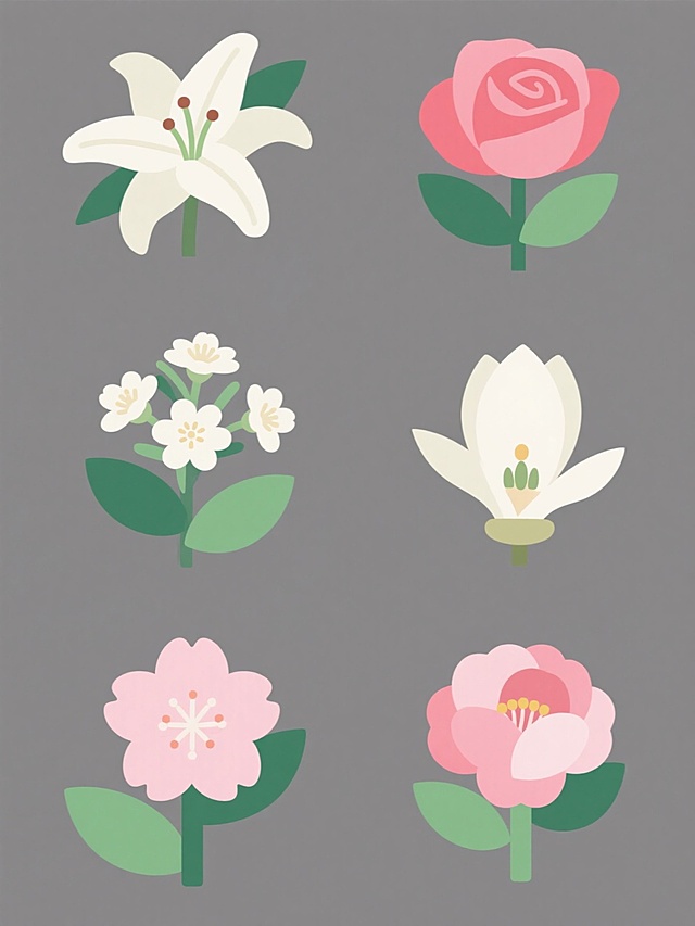 6个规整排布的素材，每张素材均为规整排布的单一花朵造型图案，花朵包含百合、桂花、玫瑰花、白玉兰、樱花、芍药基本元素内容，整体造型简约现代，采用纯色背景，每个花朵图案均为扁平插画风格，线条清晰流畅，色彩鲜明且填充均匀，花瓣和花蕊细节简约概括，叶片呈绿色，花朵主体颜色符合各自品种特征，整体设计具有现代简约的“设计感”，视觉层级明确，信息传达高效，适合作为装饰或素材使用。