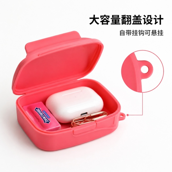 [主图-2] 硅胶收纳包容量结构展示第二张主图
[氛围风格] 实用清晰 重点突出
[画质] 商业摄影质感、光线均匀清晰、产品细节真实锐利、画面干净整洁
[元素] 打开翻盖的粉色书包形状硅胶收纳包，内部预览效果