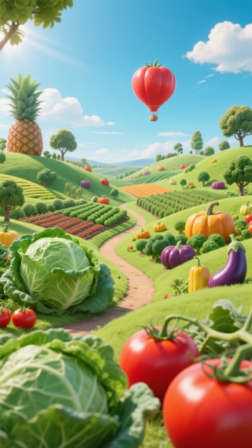 超现实主义风格的3D立体果蔬田园场景，明亮鲜艳的色彩搭配，以翠绿为主色调，点缀红色番茄、黄色南瓜、紫色茄子等丰富果蔬色彩，阳光明媚的光影效果，清晰的光源来自左上方，形成柔和的高光与自然阴影，表面光滑细腻的3D质感，充满生机与活力的欢快氛围。画面中巨大化的各类果蔬构成起伏的田园 landscape，前景是放大的绿色菜叶和红色番茄，中景是整齐排列的卷心菜山丘、西兰花树丛、南瓜点缀的田野，一条蜿蜒的……预览效果