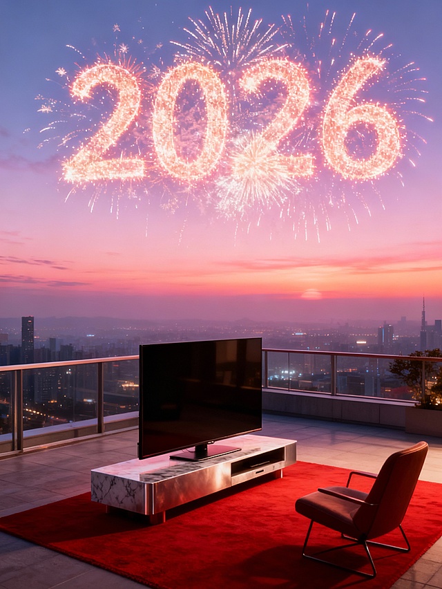 远景拍摄，画面下方是主体金属质感现代电视机，放置于顶楼观景台家居组合（主体置于大理石边几上，旁配休闲单人椅）中间，整体处于逆光，并都布置于红色地毯之上。傍晚开阔的顶楼观景台场景，可俯瞰城市朦胧夜景，背景是粉紫橙渐变色调的天空和上方呈现绽放的巨型烟花秀拼成的灿烂的 “2026”，背景虚化，整体营造出静谧又喜庆的新春氛围。