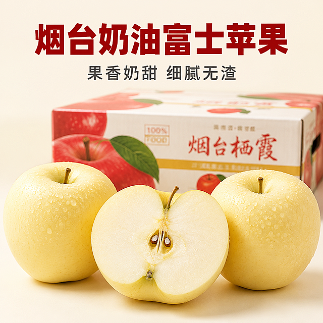 京东电商主图，800×800像素，1:1比例。品质生鲜美食摄影风格，极简浅米色背景。画面上方垂直居中排列两行文案：第一行深红色粗黑体大字"烟台奶油富士苹果"，第二行深灰色细黑体小字"果香奶甜 细腻无渣"。前景是3个山东烟台奶油富士苹果并排摆放，位于画面中下部，中间1个横向对半切开，横截面朝前展示乳白色细腻果肉和果核，另外2个完整苹果在两侧。果皮奶黄色带浅金色泽，带水珠。背景中后位置放置一个烟台栖霞红苹果包装箱（红白配色、红苹果图案、烟台栖霞红色书法字），浅景深虚化。平拍正面视角。明亮自然光均匀照亮。8K高清美食摄影质感。文字占比<30%，不遮挡主体。禁止变形、错字、模糊、水印、平台Logo。