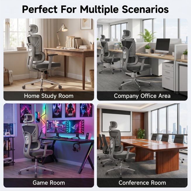 [Main Image 7] Multi-scene adaptation display. Four-grid puzzle, showing the same gray office chair预览效果