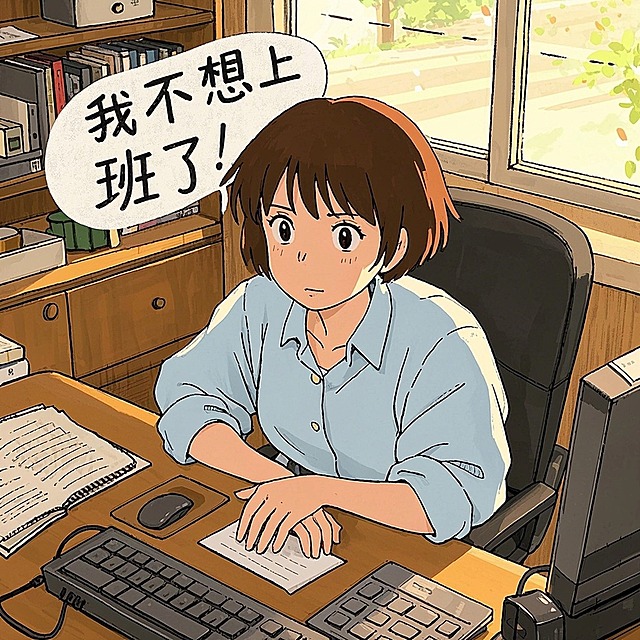 一个女孩对着电脑说：我不想上班了