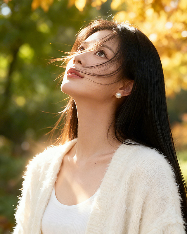 图中人物五官不变，年轻东亚女性的近景人像，头部稍微后仰，眼神向上，面部被柔和的漫射光线照亮。留着黑色长直发，发丝在风中飞舞，部分遮挡面部。身着宽松的白色毛绒针织开衫，内搭白色打底衫，胸口处有一颗小痣。背景是秋季的户外环境，绿色与金色的树叶被虚化，强烈的暖调阳光透过树叶形成斑驳的光束，在她的肌肤与针织衫的毛绒质感上形成空灵的光晕。整体风格超写实，细节丰富，呈现出梦幻、空灵且充满电影感的秋日美学风格