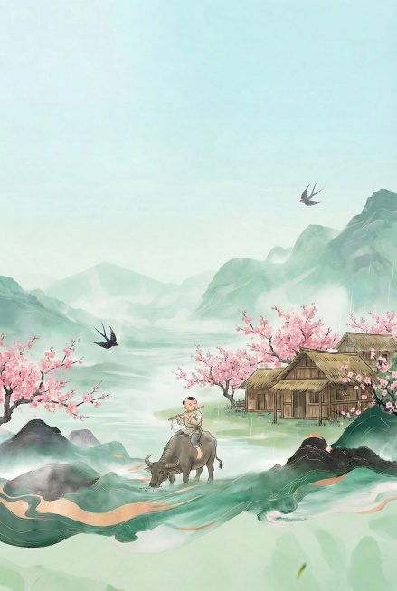 将图中的梨树替换为桃花，更换图中房屋的样式，保留原有的国风水墨清明节风格，保留骑牛吹笛的小孩、燕子、山水元素，整体浅青绿色调，竖版构图预览效果