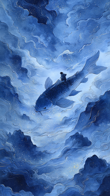 A Chinese ink painting of a child riding a giant koi fish through a starry galaxy, dreamlike swirls预览效果