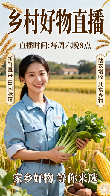 新农人直播个人宣传海报，包含年轻新农人形象人物，预留直播时间和主题位置，添加丰富的农业乡村宣传文字内容，不添加主播名字，整体风格积极向上充满乡土气息，布局饱满文字清晰预览效果