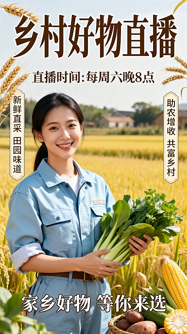 新农人直播个人宣传海报，包含年轻新农人形象人物，预留直播时间和主题位置，添加丰富的农业乡村宣传文字内容，不添加主播名字，整体风格积极向上充满乡土气息，布局饱满文字清晰