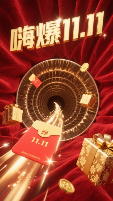 8K 超高清画质，画面以浓郁的红色作为背景主色调，仿佛是红丝绒质地，散发着奢华且热烈的光泽。醒目的标题 “嗨爆 11.11” 以立体金色大字呈现，字体边缘闪烁着光芒，极具视觉冲击力。红包如流星般从螺旋预览效果