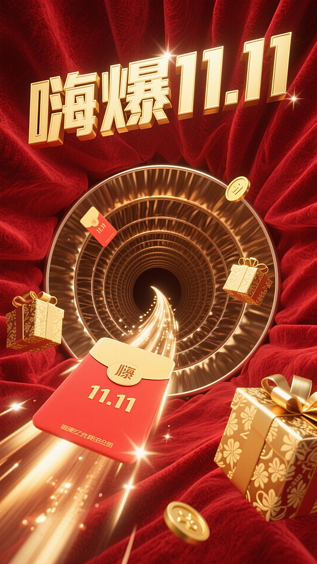 鎏金3D风，红金交织的奢华隧道，重拟物礼盒与红包穿梭其中，科技感光轨延伸未来，喜庆爆棚的11.11狂欢盛宴。