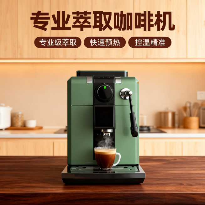 [主图 1] 家用小型意式咖啡机首图展示
[氛围风格] 温馨舒适家居治愈风，自然暖光氛围
[画面元素] 商业摄影质感，光线柔和通透，产品清晰真实，画面干净高级。原图片中的复古绿色咖啡机保持外观完全一致预览效果