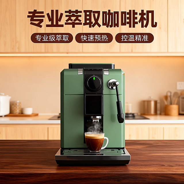 [主图 1] 家用小型意式咖啡机首图展示
[氛围风格] 温馨舒适家居治愈风，自然暖光氛围
[画面元素] 商业摄影质感，光线柔和通透，产品清晰真实，画面干净高级。原图片中的复古绿色咖啡机保持外观完全一致，居中放置在深色胡桃木厨房台面上，机器下方正前方放着一杯刚萃取好的棕色咖啡，热蒸汽缓缓升腾；背景为浅木色温馨厨房，整体温暖治愈；产品完整，无边框满铺设计。
[配色色系] 主色调：复古绿（咖啡机）；辅助色：暖胡桃木色（台面）、米白（咖啡杯）、暖棕（背景墙面）
[视角构图] 正面平视，景深适中，突出产品主体
[文字版式] 顶部负空间居中对齐，保留安全边距。主标题 "专业萃取咖啡机" 深棕色大号无衬线粗体；三个卖点胶囊标签横向均匀分布在产品下方：第一个胶囊 "专业级萃取" 深棕底白字，第二个 "快速预热" 深棕底白字，第三个 "控温精准" 深棕底白字。文字不遮挡主体，整体排版干净高级。
[比例分辨率] 1:1 比例，2k 分辨率，文字清晰可辨，超高清。
[负向提示词] 变形，水印，文字错乱，产品图模糊，背景杂乱，产品外观改变，夸张过度