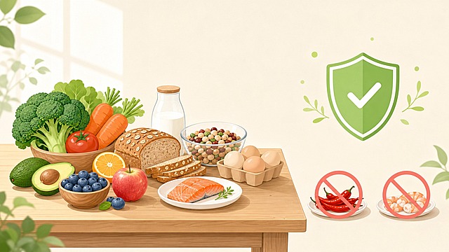 一张温暖清新的公众号健康饮食主题插图，横向16:9构图，画面完全不含任何文字。明亮柔和的自然光，浅米色背景，扁平现代治愈系插画风格，线条圆润、色彩清新。画面中央是一张原木餐桌，摆满均衡营养的丰富食物：翠绿西兰花、胡萝卜、番茄、牛油果、蓝莓、橙子、苹果、全谷物面包、鸡蛋、牛奶、豆类和一小块三文鱼，象征均衡营养、增强机体抵抗力。餐桌右上方有一个简洁的绿色盾牌与对勾符号，象征健康防护。画面右下角单独放一小碟辣椒和一小碟虾仁，上面各覆盖一个浅红色圆形斜杠符号，表示辛辣刺激食物和易过敏食物应避免。整体留白充足，柔和治愈，适合公众号文章排版配图。