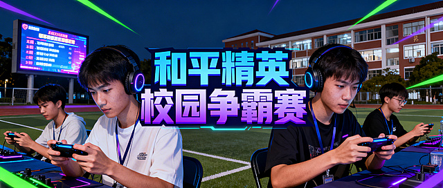 和平精英校园比赛公众号首页首图，电竞风格，画面中有年轻的大学生选手在比赛现场，背景有校园场景，搭配醒目的主题文字"和平精英校园争霸赛"，整体色调偏酷感科技风，充满青春竞技活力，适合作为公众号头图