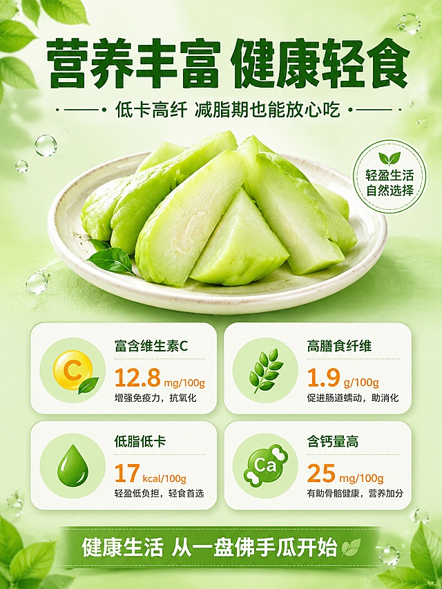 [第6屏] 营养成分-佛手瓜健康低脂轻食之选。本屏使用【图1】作为产品参考，佛手瓜小图展示，主体为营养信息。
[氛围/风格] 健康清新、信息专业的轻食风格，拼多多高信息密度风格。
[元素布局] 画面上方放置一小盘切好的佛手瓜块，占比约30%；中下部为营养成分信息展示区，用图表和图标呈现；背景为清新浅绿色渐变，点缀绿叶和水滴元素。
[光影质感] 均匀明亮柔光，整体干净清爽，健康感强。
[配色色系] 全局底色 #F1F8E9 浅嫩绿渐变；主色深绿色文字；辅助色浅绿色图表、白色卡片、橙色强调数字。
[视角构图] 上图下文布局，阅读动线从上到下：产品图 → 主标题 → 营养信息 → 总结。
[文字版式] 顶部主标题「营养丰富 健康轻食」大号深绿色粗黑体；副标题「低卡高纤 减脂期也能放心吃」中号深绿色；中部4个营养数据卡片2×2排列：「富含维生素C」「高膳食纤维」「低脂低卡」「含钙量高」，每个卡片配图标+数字+说明，白色圆角底；底部绿色横幅「健康生活 从一盘佛手瓜开始」。
[比例分辨率] 3:4竖版比例，4K分辨率，文字清晰可辨，高清画质。
[负向提示词] 变形，水印，文字错乱，文字过小，医疗化表述，虚假功效，拼多多logo。