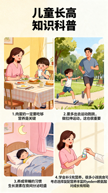 儿童长高知识科普海报，包含四点内容：1.肉蛋奶一定要吃够 营养是关键 2.要多出去运动跑跳，做拉伸运动，这也很重要 3.养成早睡的习惯 生长激素在夜间分泌旺盛 4.学会补充营养，很多小孩挑食可以考虑选预览效果