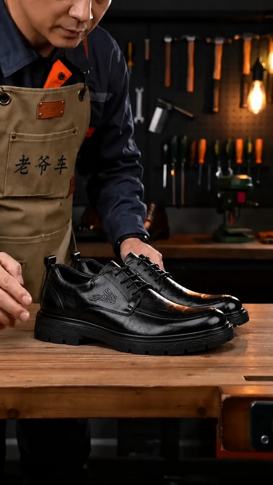 将图中桌面上的棕色皮鞋全部替换为图2中的黑色系带皮鞋，替换一整… - 图片创意预览
