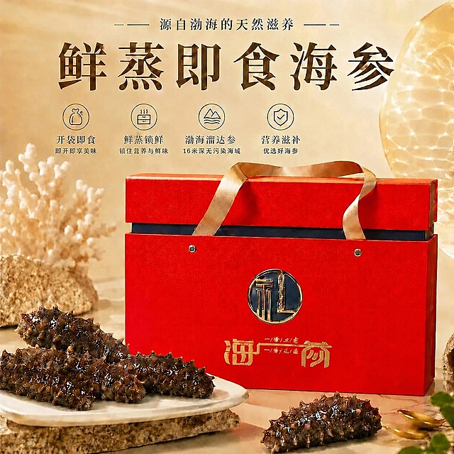 修改这张海参海报图片，将第三个卖点文字从“北纬38°海域”改成“渤海溜达参”，保持海报整体的暖金色风格、构图、字体样式和其他所有内容元素完全不变，只修改指定文字