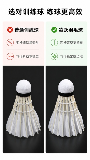 [第2屏] 痛点对比页-普通训练羽毛球痛点vs凌跃羽毛球优势。本屏使用【图2】展示产品外观。
[氛围/风格] 清晰对比风格，信息直观，简洁专业的运动产品展示风格。
[元素布局] 左右分栏对比布局，左侧预览效果