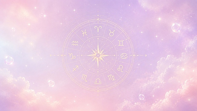 保留原图中心的浅金色完整12星座星盘，保持星盘符号和形状不变，不添加任何文字，将背景修改为参考图的马卡龙粉紫渐变梦幻色调，带有朦胧云彩和柔和星光效果，图片比例保持16:9
