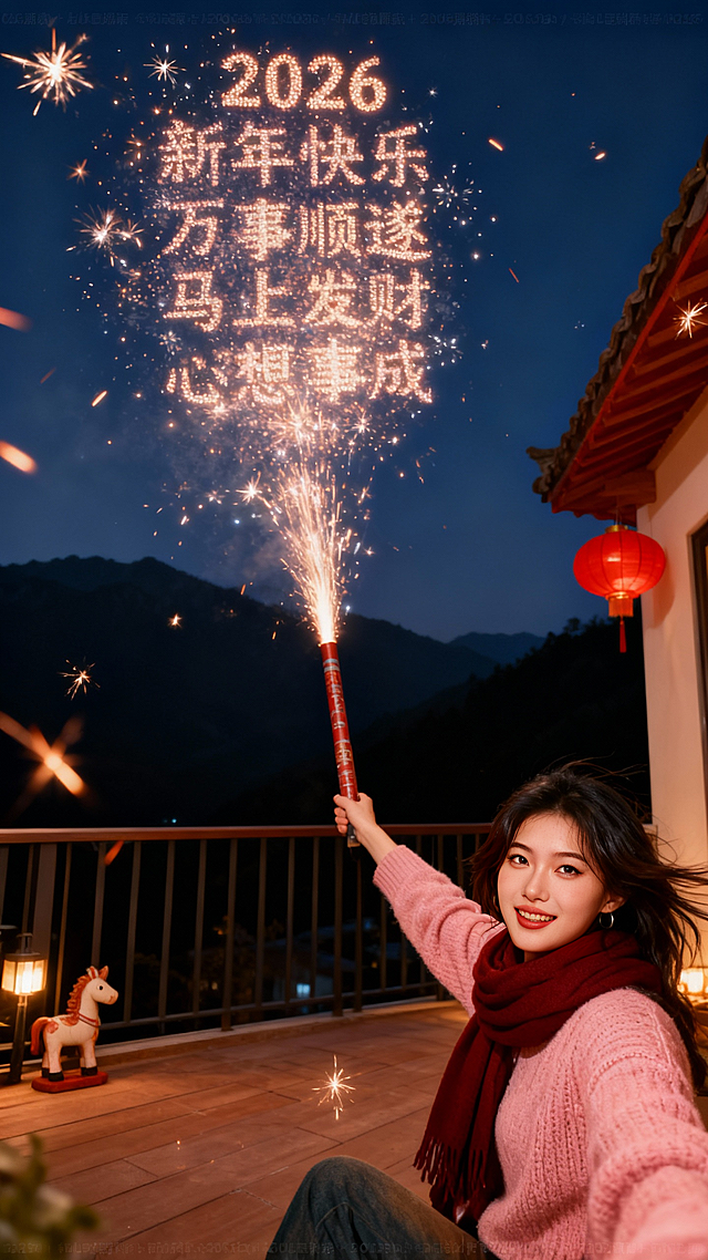 参考图的角色转头看向镜头，自然的坐在右下角自拍，头发被夜风吹起，身穿粉色针织毛衣，裹着酒红色围巾
向右发射烟花文字内容为“2026”“新年快乐”“万事顺遂”“马上发财”“心想事成"；
背景为夜晚的山景民宿露台场景+夜色中隐现的远山轮廓，屋檐上挂红色灯笼，角落摆放Q版小马摆件，暖灯装饰；