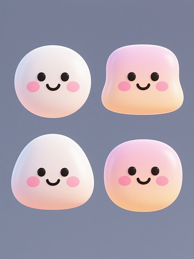 一组四个不同元素的可爱卡通3D立体图标，每个元素都有圆润的边缘和光滑的表面，采用柔和的渐变色彩，每个图标都有一双黑色的小眼睛和微笑的嘴巴，脸颊上有粉红色的腮红，整体风格统一，元素类目保持为可爱的卡通形象，背景为纯色，四个图标规整地排列在一起，形成一个系列素材集合。