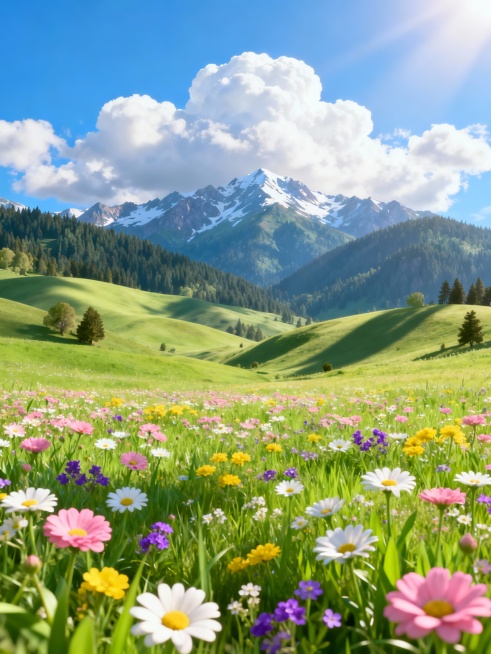 超高清3D渲染风格的春日草原全景，画面充满生机与梦幻色彩，前景是大片盛开的各色野花，包括粉色、白色、黄色和紫色的雏菊及小碎花，花朵细节清晰可见，草叶呈现鲜嫩的绿色并带有自然的光影纹理。中景是连绵起伏的绿色丘陵，点缀着几棵形态自然的树木，远处是覆盖着茂密森林的山脉，山脉顶端有少量积雪，天空湛蓝明亮，漂浮着形态饱满、边缘柔和的白色云朵，阳光从云层间洒落，在草原上形成斑驳的光影效果，整体色调清新明快……预览效果