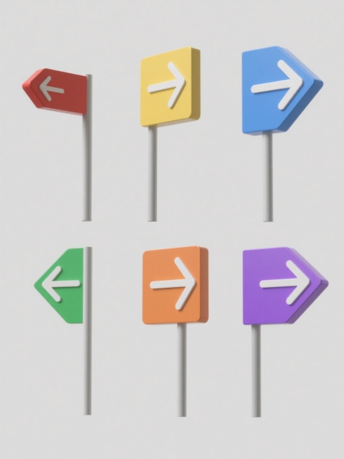 六个不同颜色、不同样式的3D风格指引牌，整体造型简约现代，规整排布在纯色背景上，无任何文字、logo和水印。预览效果