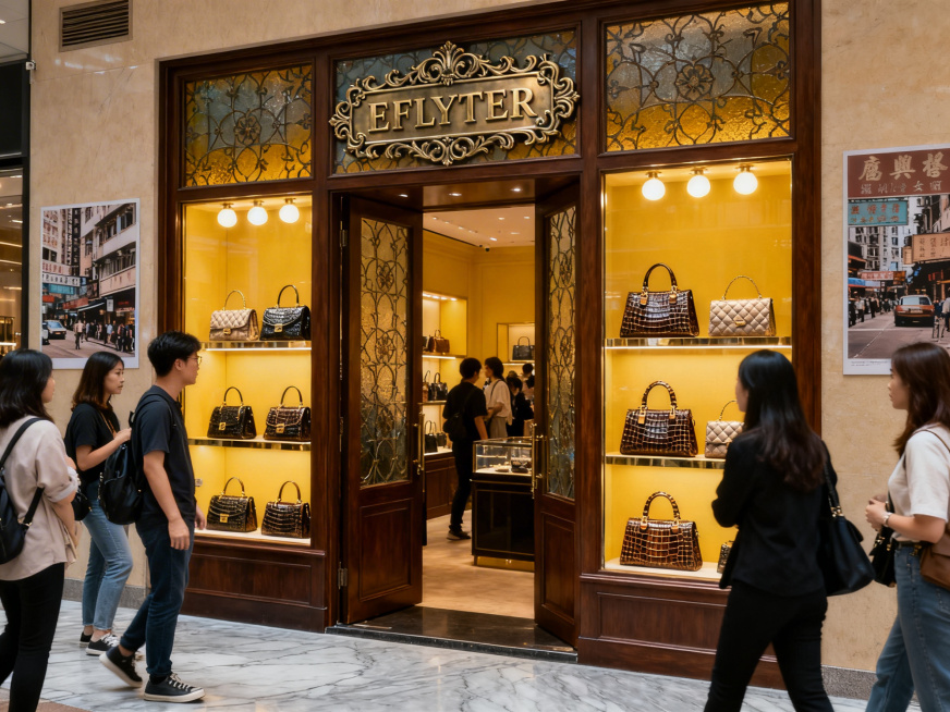 国内商场的EFLYTER品牌女包店铺，双开间或三开间，店面设计高级有质感，充满港式复古风格，橱窗内清晰陈列多款精致女包，店门口有很多中国人来往，氛围热闹有烟火气，整体呈现香港商圈店铺的特色韵味预览效果