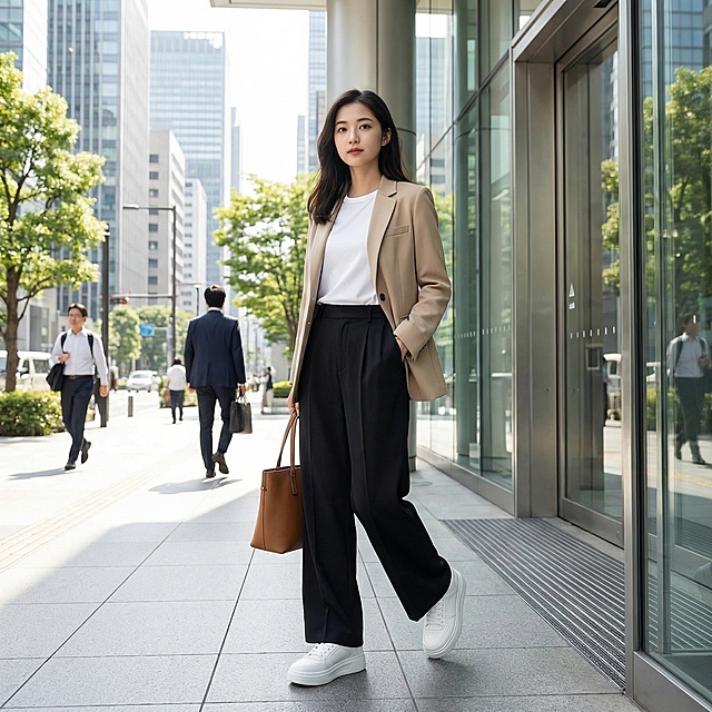 生成这双厚底小白鞋搭配黑色阔腿裤的穿搭场景图，年轻女性穿着，背景是都市写字楼楼下，简约通勤风格