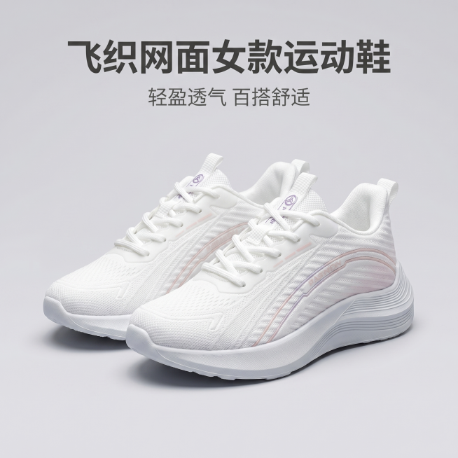 [主图 1] 飞织网面女款运动鞋产品首图。[氛围/风格] 简约清新电商风，商业摄影质感，光线柔和通透，产品清晰真实，画面干净高级。[元素/光影] 一双女款运动鞋45°侧放居中展示，填充饱满，飞织网面纹预览效果