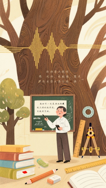 教师节快乐，树纹交融形成共振诗词。暖木色调与金色声波线，凹凸印刷模拟木材纹理，人物：教师、教师在讲课，老师人物占据比例40%，素材：树、书本、笔、圆规、尺子、橡皮擦。预览效果