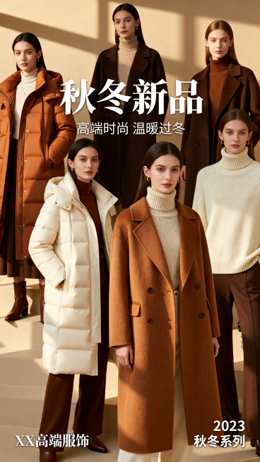 秋冬新品服装轮播海报，暖色调氛围感，展示保暖时尚服饰，高端店铺轮播预览效果