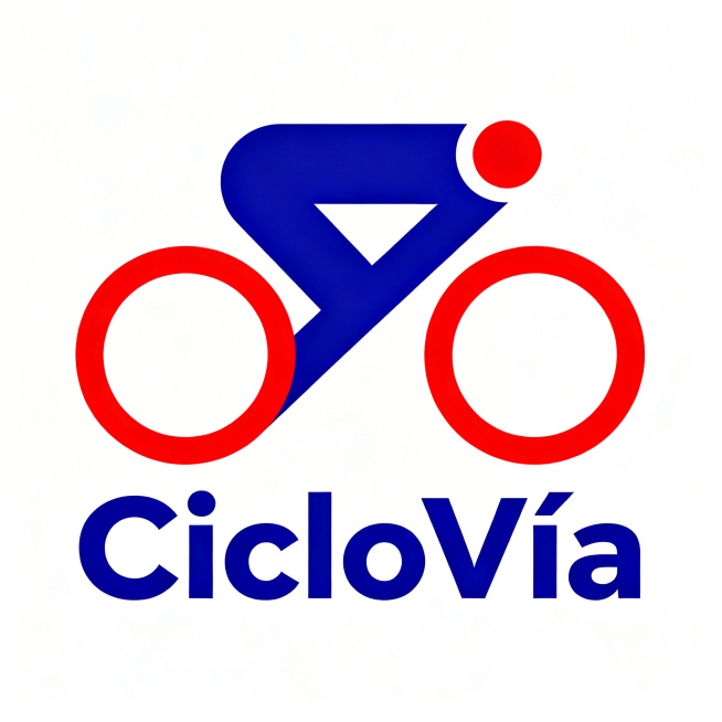 极简风格单车品牌"CicloVía"图形Logo设计，将骑行道路抽象成斜向上直线，两个极简圆形作为车轮，整体呈现向上冲刺的动感姿态，极简几何，大胆高对比撞色，宝蓝搭配亮红，白色背景，矢量扁平，对角线构预览效果