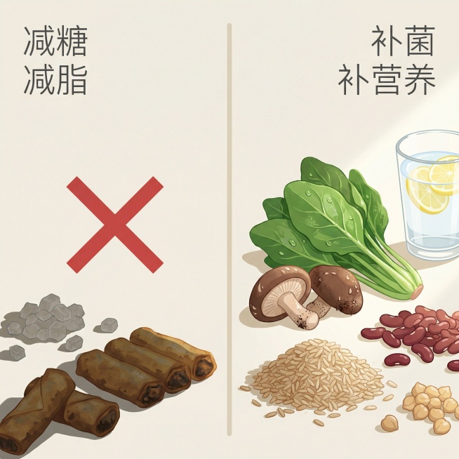 极简扁平化插画，清新自然风格，无厚重滤镜，纯浅米色背景，画面以浅色中线分为左右两部分。左侧减糖减脂区：中心是醒目的红色打叉符号，下方散落着被覆盖的暗淡冰糖、油炸春卷，左上方用深灰色纤细字体标注“减糖”预览效果