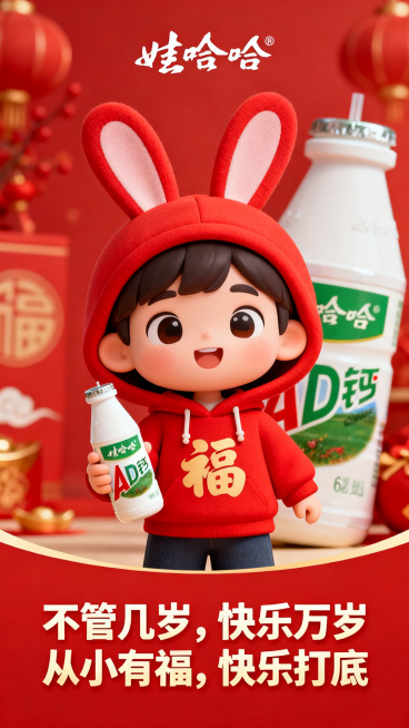 娃哈哈AD钙奶海报，卡通风格，主体是幼年福福，红色主调，3-6岁元气娃娃，兔耳兜帽红卫衣带福字，手持AD钙奶瓶，背景带品牌元素，底部加文案“不管几岁，快乐万岁 从小有福，快乐打底”，干净喜庆风格，仅展预览效果