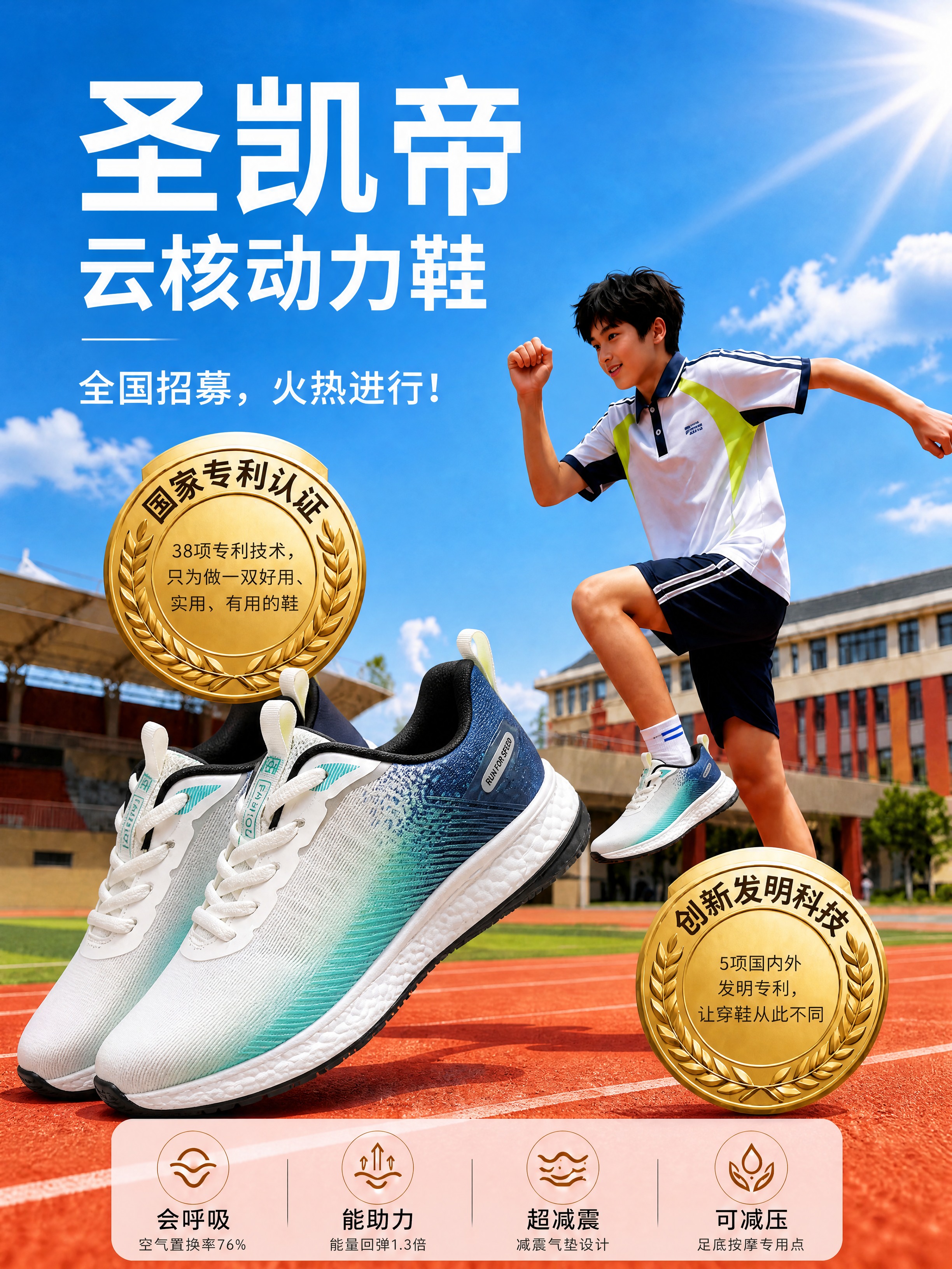 [改图] 将圣凯帝云核动力鞋广告海报中男孩穿的鞋替换为新款蓝绿… - 图片创意预览