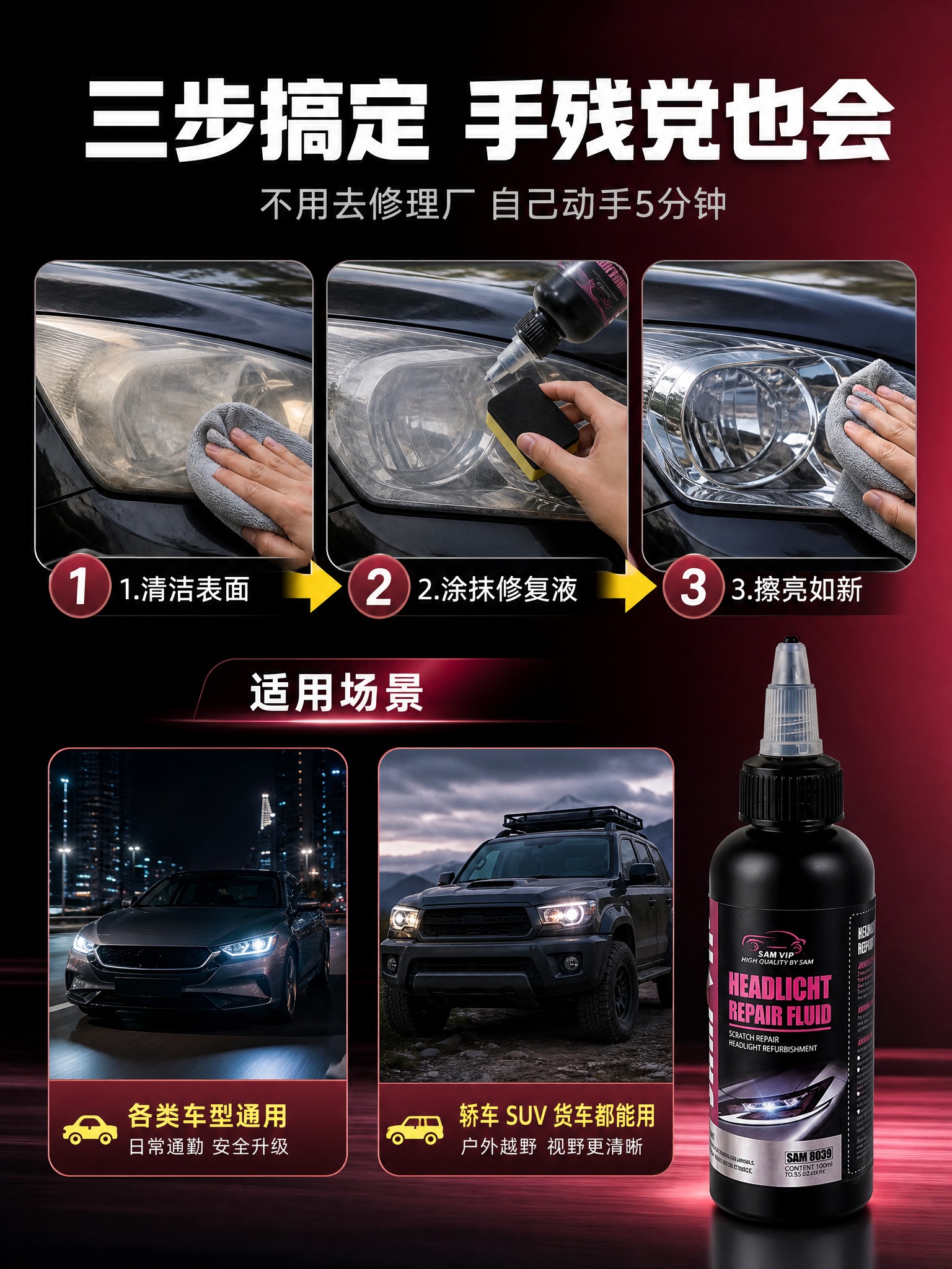 [商品] 使用【图1】黑色尖嘴瓶装汽车大灯修复液；保留瓶身黑色… - 图片创意预览