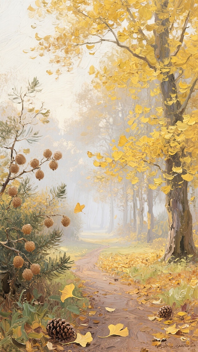 秋天林径，金黄落叶铺满小路，厚涂笔触营造朦胧柔和的油画质感，静谧唯美中透出文艺气息，宛如印象画派的诗意画卷。