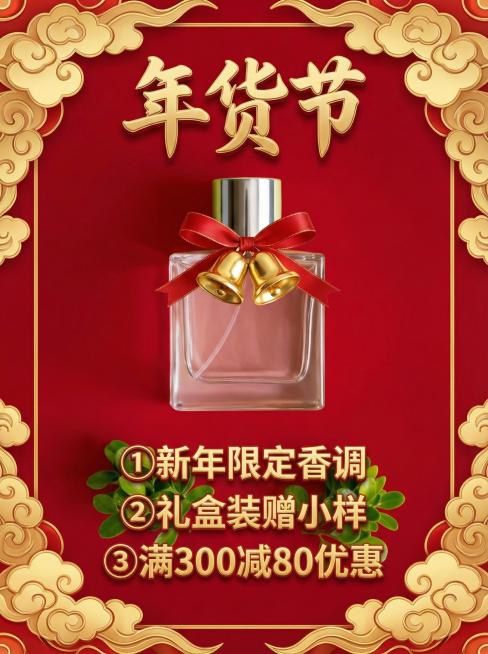 年货节拼图已生成，3大卖点：①新年限定香调 ②礼盒装赠小样 ③满300预览效果