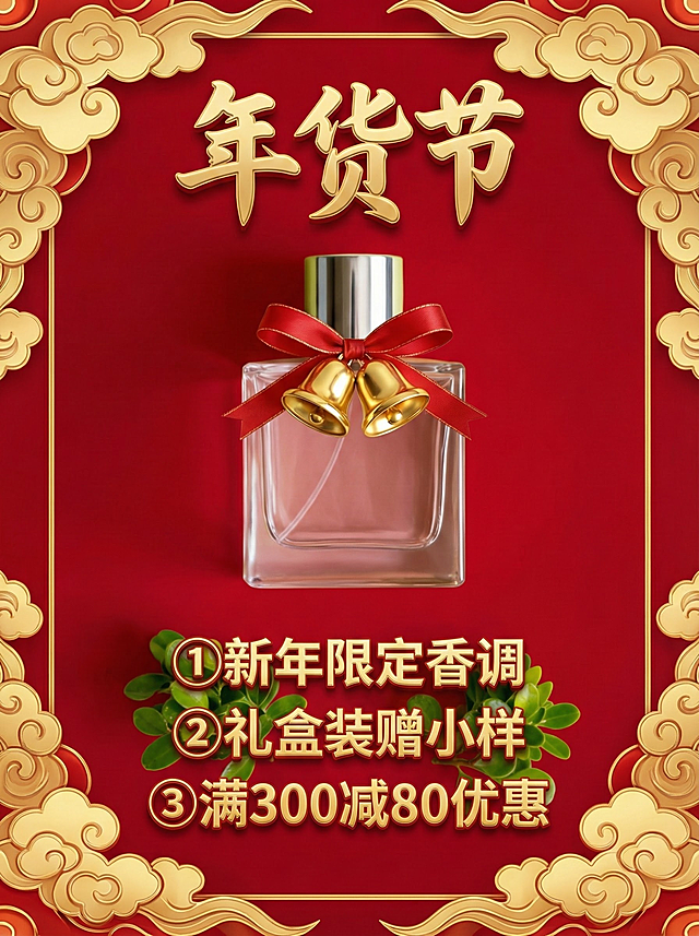 国潮风与鎏金浮雕边框交织，重拟物香水瓶配红绸金铃，喜庆奢华尽显中式年味，年货节专属礼遇。