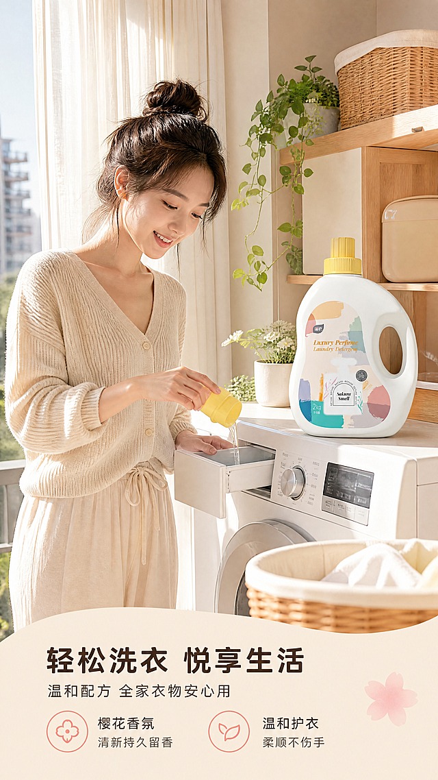 [商品] 使用【图1】植护奢宠香水洗衣液单瓶；保留全部外观与文字，产品保真，自然融入场景。
[画面] 目标：人物使用场景，真实展现居家洗衣的便捷与品质感。构图：左人物右产品，亚洲年轻女性半身像，正在阳台洗衣区将洗衣液倒入洗衣机，表情轻松愉悦。场景：明亮整洁的北欧风洗衣阳台，洗衣机、洗衣篮、绿植、阳光纱帘，生活气息浓厚。景别：中景，人物腰部以上。产品放置在洗衣机顶，清晰可见。
[视觉] 套系策略：风格=清新治愈马卡龙风高级商业摄影；标题字=圆润黑体粗体；正文字=简洁无衬线黑体；主色=奶杏粉；背景延展=基于奶杏粉的真实居家场景色调，暖白+木色+绿植点缀；强调色=樱花粉，用于小面积标签和图标；标题色=深暖棕；正文色=中暖灰；组件=底部信息条、小图标；光影=自然侧逆光从纱帘透入，温暖柔和。
[文字] 底部信息条主标题"轻松洗衣 悦享生活"，副标题"温和配方 全家衣物安心用"，配2个小图标+短卖点，文字横向排版，不遮挡人物和产品主体。
[规格] 图片比例9:16竖版，4K，避免变形、错字、文字过小、人物表情僵硬、瓶身颜色改变、虚假宣传。
