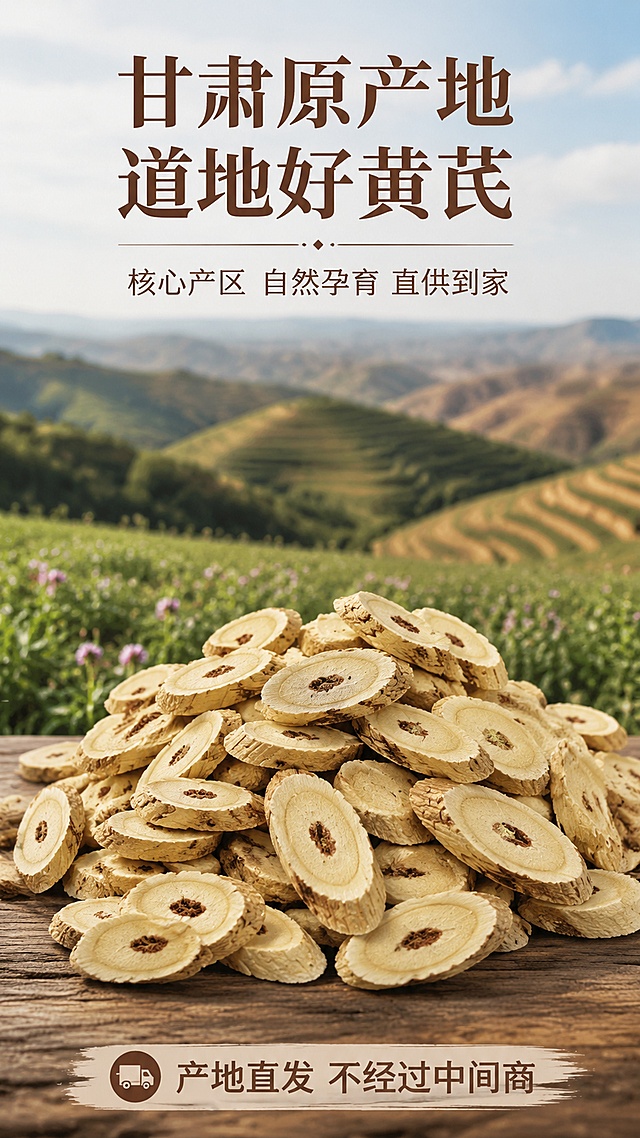 [第3屏] 产地优势展示，介绍甘肃原产地环境。本屏使用【图1】作为产品主体。[氛围/风格] 天然原生态风格，背景展示甘肃道地药材产区风貌，开阔自然，真实可信。[元素布局] 背景为甘肃黄土高原黄芪种植基地远景，浅景深虚化处理，前景放置本品龙眼黄芪切片堆，占比约50%，保留产品原有外观纹理颜色，上方和下方预留文字区域。[光影质感] 自然日光漫射，产品清晰，背景柔和，整体通透自然。[配色色系] 全局底色偏自然暖调，主色大地黄绿色背景，浅原木棕产品，深棕文字。[视角构图] 远景背景+前景产品的上下分层构图，视觉焦点集中在前景产品上。[文字版式] 顶部主标题 "甘肃原产地 道地好黄芪"，中部副标题 "核心产区 自然孕育 直供到家"，底部标注 "产地直发 不经过中间商"，文字排版清晰，不遮挡产品主体。[比例分辨率] 9:16竖版比例，4K分辨率，文字清晰可辨，高清画质。[负向提示词] 产品变形，文字错乱，背景杂乱，虚假宣传，绝对化用词。