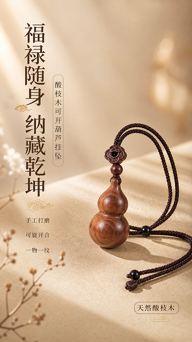 [第1张] 详情页头图-酸枝木可打开葫芦挂坠主视觉海报。本张使用【图1】【图2】作为商品主体参考。
[氛围/风格] 东方雅致新中式氛围，禅意静谧，高级商业摄影质感，暖调光影。
[元素布局] 酸枝木葫芦挂坠置于画面中央偏右，占比约55%，45°斜侧视角展示完整葫芦造型、祥云配饰与编织挂绳；左侧留标题区；背景为浅米棕渐变墙面，左下角点缀干枯枝叶与暖光光斑，台面为同色系哑光石材；葫芦木质纹理、棕色绳结、祥云配饰与输入图一致，旋盖处隐约可见接缝。
[光影质感] 左上方45°柔光主光，右侧弱补光，底部柔和自然投影，木质表面呈现温润光泽，纹理清晰。
[配色色系] 全局底色 #E8DCC8；主色深棕木色；辅助色米白、浅金点缀。
[视角构图] 微俯视45°角，浅景深，产品为视觉中心，阅读动线左上标题→中央产品。
[文字版式] 左上标题区竖排+横排结合。主标题「福禄随身 纳藏乾坤」，副标题「酸枝木可开葫芦挂坠」，下方小字「手工打磨 · 可旋开合 · 一物一纹」；右下角小标签「天然酸枝木」。文字不遮挡主体。
[比例分辨率] 9:16竖版比例，2K分辨率，文字清晰可辨。
[负向提示词] 变形，水印，文字错乱，文字过小，结构错误，颜色偏差，产品图模糊，背景杂乱，包装元素