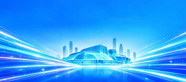 保留原图的蓝色渐变背景、重庆大剧院主体建筑及后方虚化摩天大楼群。去掉底部波浪元素，替换为左右两侧向中间汇聚的流线型发光光束元素，多条明亮的白色和淡蓝色光带从画面左右两侧斜向下方延伸，在建筑底部交汇，光带带有拖尾光效和星芒粒子，动感强烈，呈现科技速度感，与整体蓝色调协调统一