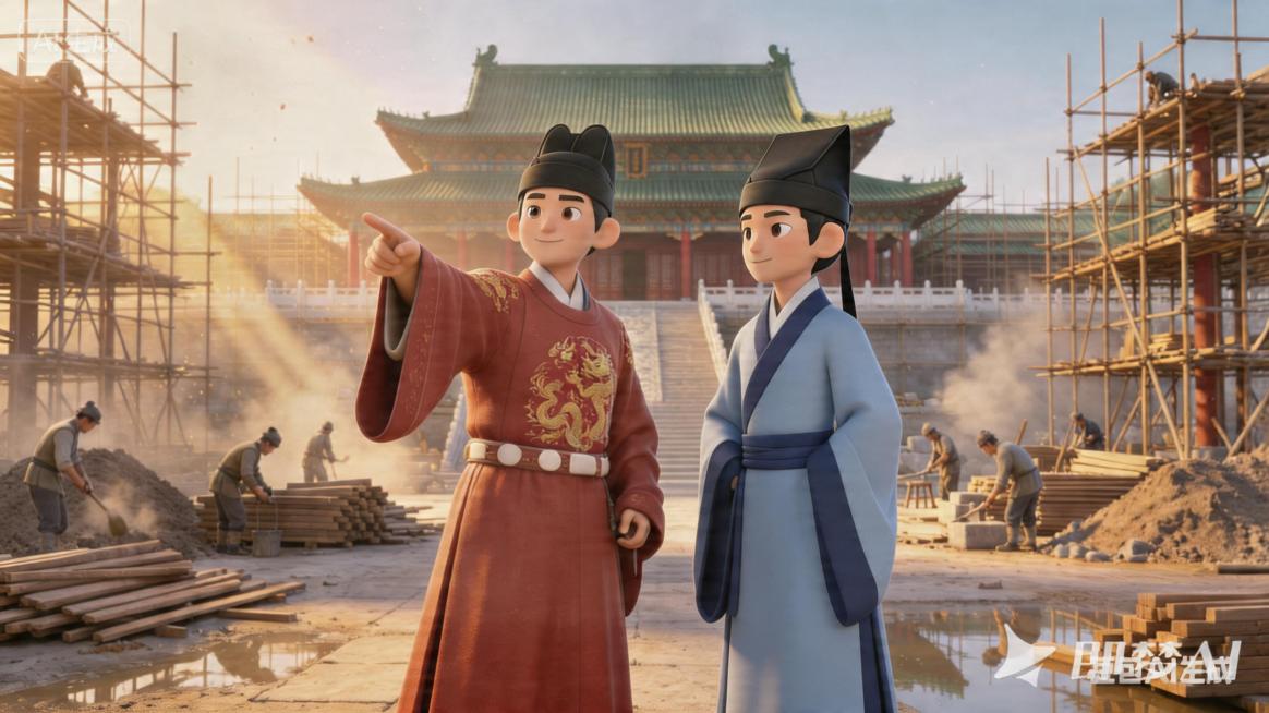 修改第一张图片，将图中右侧浅蓝色衣服的人物的外貌、帽子、服装的款式和细节完全参照第二张图中的蓝色衣服人物进行修改，保持第一张图的背景、左侧人物、整体场景、光影和构图不变预览效果